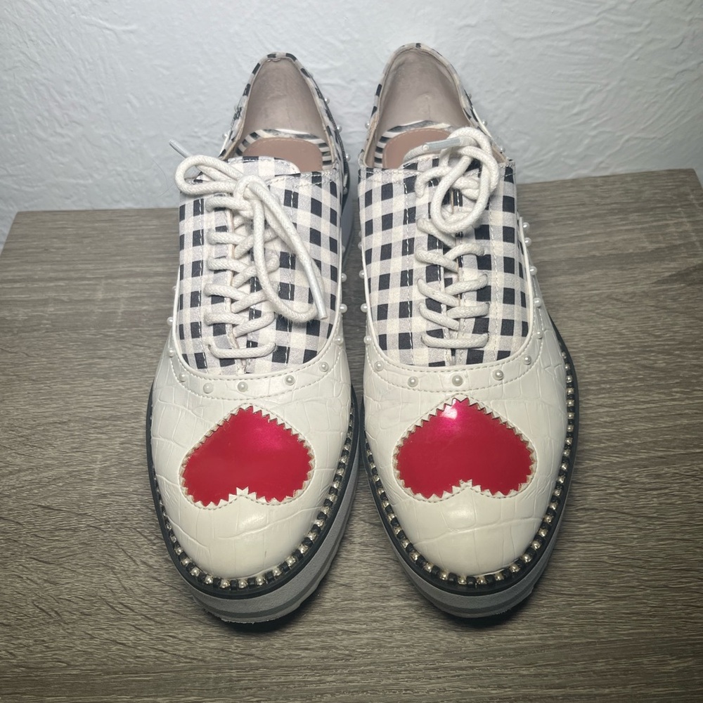 Betsey Johnson MARTI Pearls Red Heart Cut-outs Checks Wedge Shoes